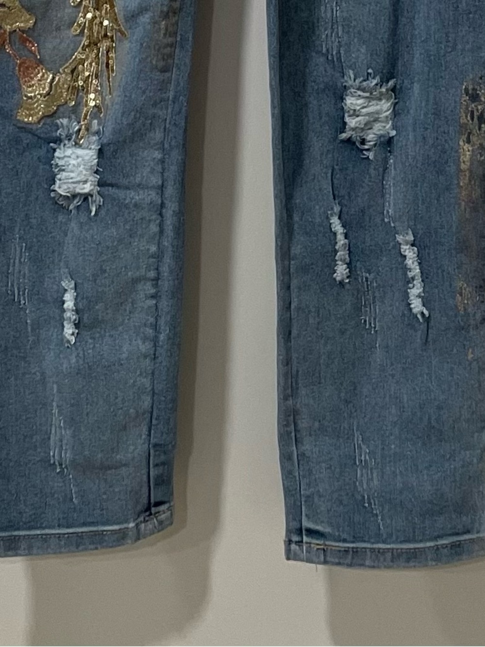 Embellished Denim Jeans Gold Sequins Festival Bold Y2K Artistic Glam Boho - Picture 3 of 11